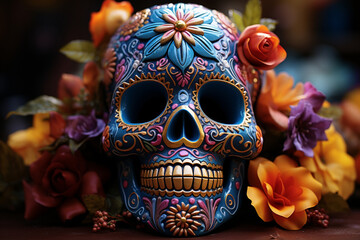 Fototapeta premium Colorful calavera skull with vibrant flowers and designs, Day of the Dead, Skull Generative AI