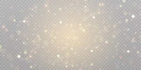 Fotobehang Gold dust light bokeh. Christmas glowing bokeh and glitter overlay texture for your design on a transparent background. Golden particles abstract vector background.   © Valeriia