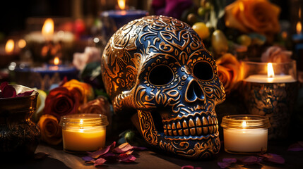 Intricate sugar skull with candles and offerings, Day of the Dead Generative AI