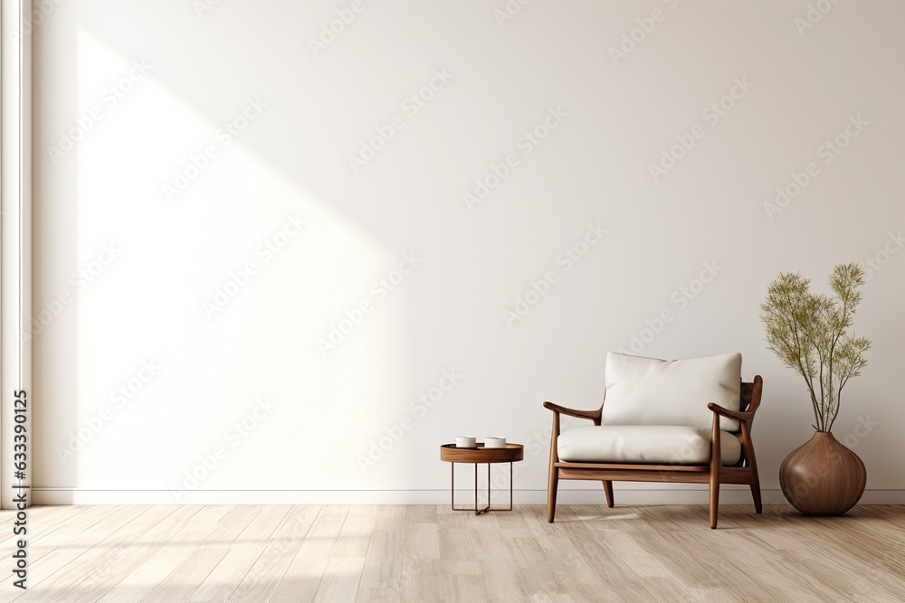 Canvas Prints A rendering of a contemporary and simple interior design featuring a single armchair against a clean white wall backdrop.