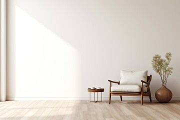 A rendering of a contemporary and simple interior design featuring a single armchair against a clean white wall backdrop.