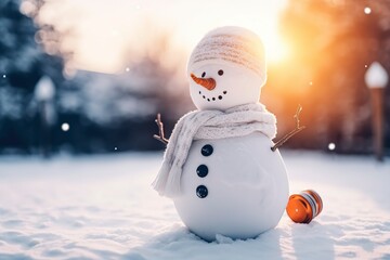 Fototapeta premium Cute modern little snowman outside, bundled up.