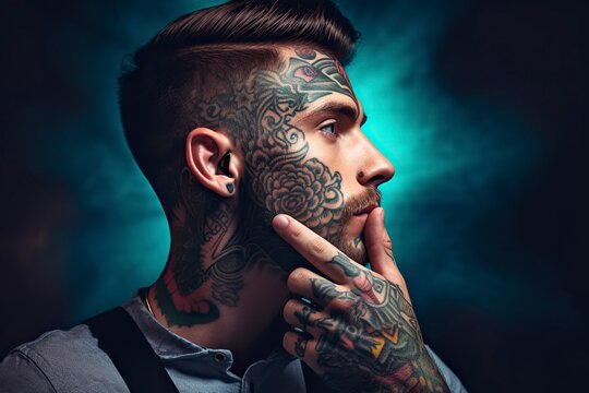 An irreverent tattooed man poses confidently in the black studio, exuding style