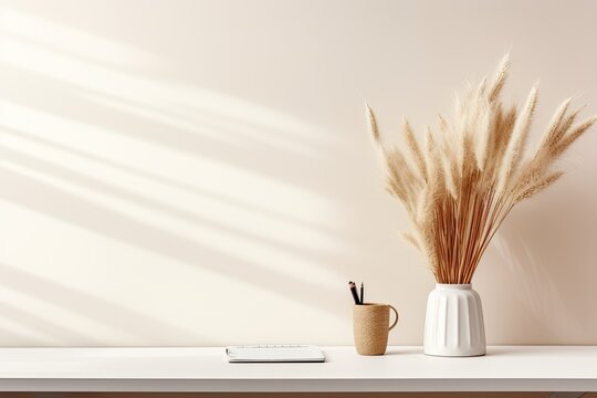 A minimalist and aesthetically pleasing office workspace interior design features a white table against a white wall. On the table, there is a mug, notebook, and a bouquet of pampas grass. This setup
