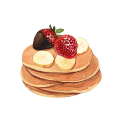 Watercolor dessert, baked stack of tasty pancakes with banana and strawberry in chocolate. Hand-drawn illustration isolated on white background. Perfect food menu, food drawing, design packing, print