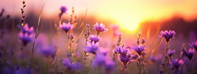 Art Wild flowers in a meadow at sunset. Macro image, shallow depth of field. Abstract august summer nature background - obrazy, fototapety, plakaty