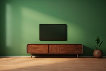 rendering of a wooden TV cabinet placed in a contemporary vacant green room.