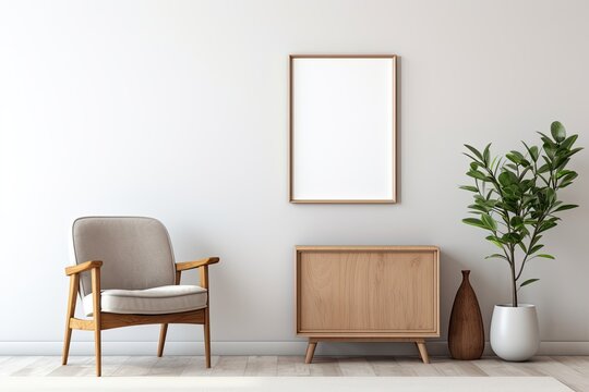 A stylish living room interior is adorned with a mockup poster frame, a wooden commode, a book, a ceramic vase with a leaf inside, and elegant personal accessories. The d�cor follows a minimalist