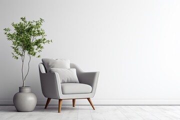Contemporary interior design featuring a rendered gray armchair against a plain white wall backdrop.