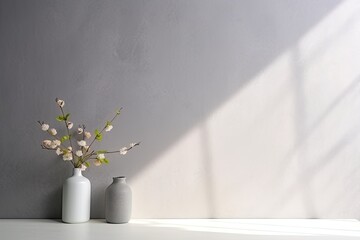 The background of the studio room is a grey concrete wall texture with shadows of leaves on the cement floor. The room is empty, with a white and grey color scheme. There is a tabletop present