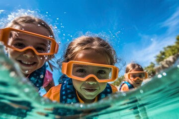 Obraz na płótnie Canvas Underwater photo of two children, taking a selfie while snorkeling underwater