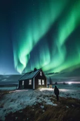 Poster Evocative vertical photo of an aurora borealis in front of a detached rural house in the woods. © Joaquin Corbalan