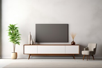 A rendering of a modern living room decor with a TV cabinet is shown against a white wall background.