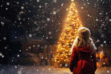 Festive Nighttime Scene: Little Girl Admiring Lit Christmas Tree in the Snow Generative AI