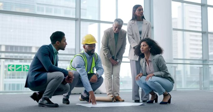 Business people, architecture or blueprint paper on floor in construction meeting, planning or building project. Men, women or engineering contractor with builder floorplan in developer collaboration