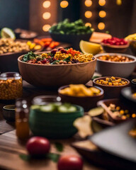 gourmet healthy food salad bowls party buffet bokeh banquet 