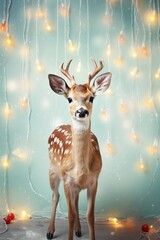 Midnight on new year's eve 2024, a majestic deer stood illuminated by a string of twinkling lights, symbolizing the joyous celebration of the season, copy space layout for text or greeting invitation