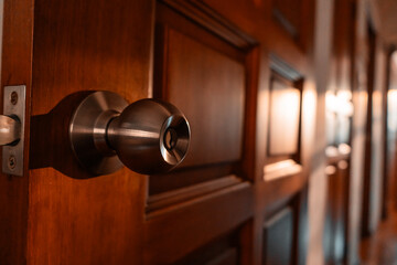 Stainless steel door knob on a wooden door with indoor sunlight entering into the house