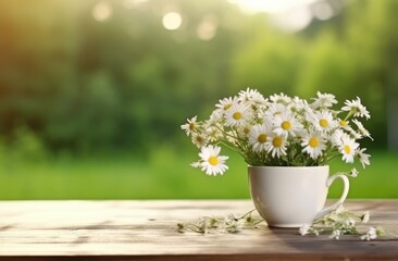 White cup with white daisies sitting on a table in a green field