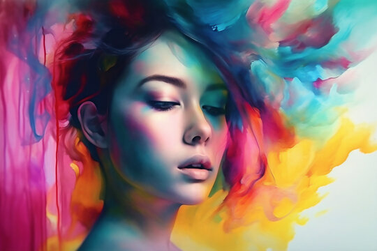 woman lip face colourful art beauty watercolor portrait style illustration beautiful. Generative AI.