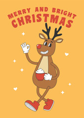 Christmas greeting card with reindeer in groovy retro style. Template for Merry Christmas and Happy New year greeting card, poster, party invitation.