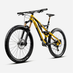 Yellow mountainbike with thick offroad tyres isolated on white background