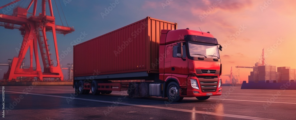 Wall mural Freight truck loading cargo on the drayage truck under a blue sky ecommerce shipping.