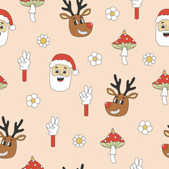 Groovy Christmas seamless pattern. Santa Claus, reindeer, mushroom in trendy retro cartoon style. Background for winter festive design.