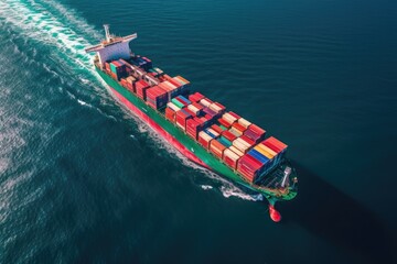 Cargo ship in the ocean with containers. Top view
