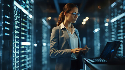 Young woman working in server room. Created with Generative AI technology.