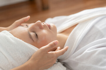 Beautiful women are receive therapy massage and treatment to face, restore pores, reduce wrinkles, lift and tighten, beautify, enjoy, relax, and baby face. excursive, recreation, dermatology.