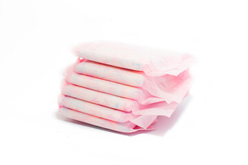 Feminine hygiene concept, tampons, pads on white background