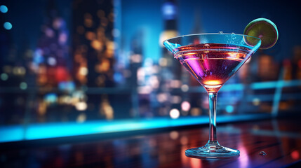 Colorful cocktails in a glass on the bar counter, neon lights on dark night background with lights © petrrgoskov