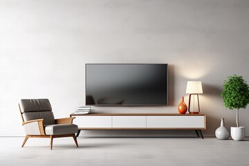 Mockup Of visual representation of a cabinet TV wall mounted in a living room, along with an armchair, against a white cement wall. This rendering aims to showcase the design and layout of the space.