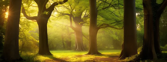 Gordijnen Beautiful rays of sunlight in a green summer oak forest © Eli Berr
