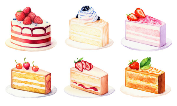 Collection of cake pieces of various flavors: strawberry, chocolate, orange, blueberry, watercolor style, transparent background.