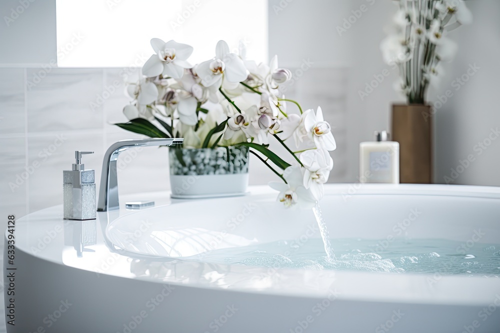 Canvas Prints A closeup image of a ceramic white bathtub with decorative elements in a modern bathroom design. The concept represents a home spa, where one can enjoy personal time and take care of their body at