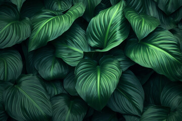 Close-up greenery, foliage and leaves, texture top view, illustration. Generative AI. Nature, background, tropical leaf, green garden, image