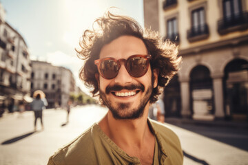 Portrait of happy handsome hipster man in Spanish city. Young tourist taking selfie, making video call, chat with friends, recording video outdoors. Vacation, travel, solo traveling concept