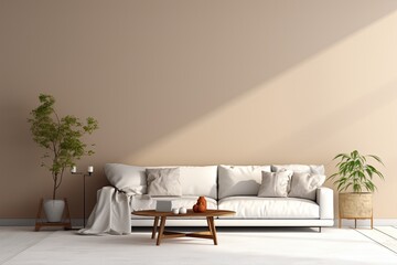 A rendering of a living room interior with a blank wall mockup.