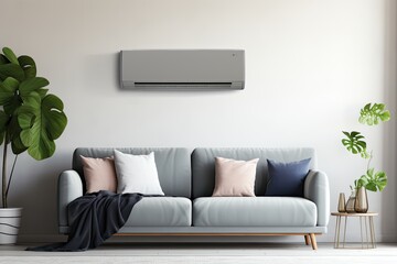 A contemporary air conditioning unit is installed on a white wall in a room that features a trendy grey sofa.