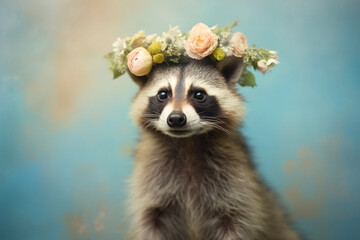 Portrait of racoon with flowers on head on pastel background