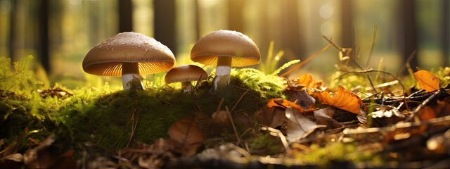Edible cep mushrooms in a sunny autumn forest - obrazy, fototapety, plakaty