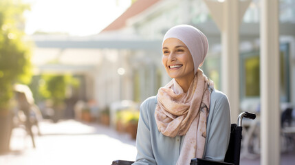 Middle-aged woman cancer patient wearing headscarf and smiling - obrazy, fototapety, plakaty