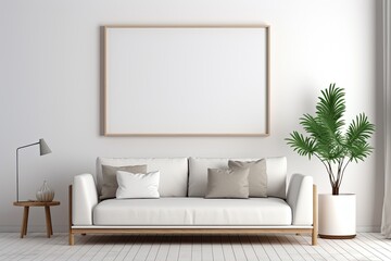 A rendered image of a minimalist modern interior showcasing a mockup poster frame.