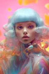Fototapeta premium Beautiful portrait of a futuristic woman tribal warrior in weird clothing. Neon glow, iridescent, transparent plastic, hologram, holographic, vaporware rainbow texture aesthetic glitter swag fashion.