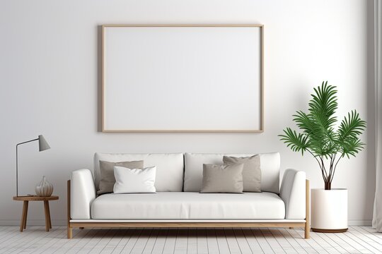 A rendered image of a minimalist modern interior showcasing a mockup poster frame.
