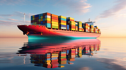 Illustration. Frachtschiff mit bunten Containern gleitet durch das ruhige Meer. Lebendige Farbtöne. - obrazy, fototapety, plakaty