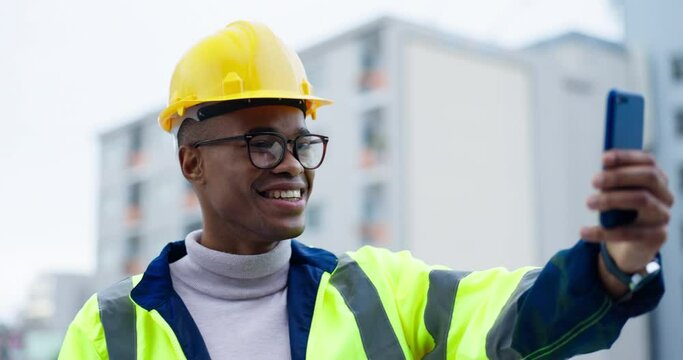 Selfie, peace sign and architecture with black man in city for social media, engineering and project management. Smile, profile picture and construction with contract for emoji, icon and development