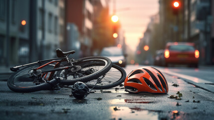 Accident with a bicycle on the road. Accident with a cyclist. Bicycle accident - obrazy, fototapety, plakaty